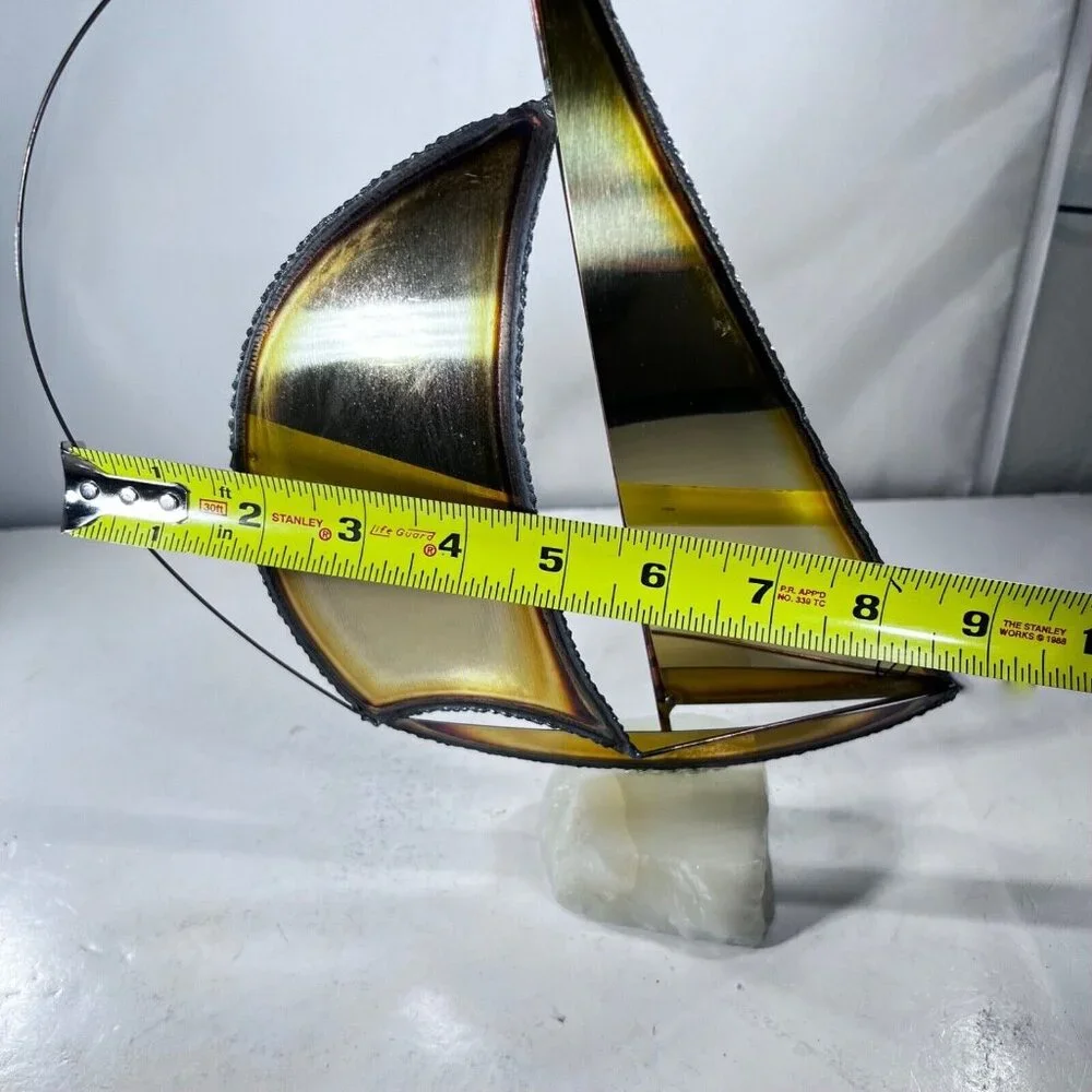 Vtg MCM Mario Jason Handmade Brass Sailboat Sculpture Marble Quartz Base Signed - Picture 8 of 9